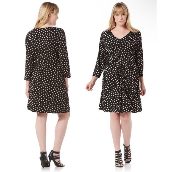 Metaphor Black Tan Polka Dot Print Draped Ruched Dress Size 1X 16‎ Plus Size - Picture 1 of 8